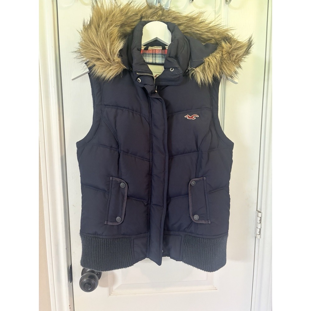 Vintage Y2K Hollister Down Puffer Vest Removable Faux Fur Hood Navy Plaid Large